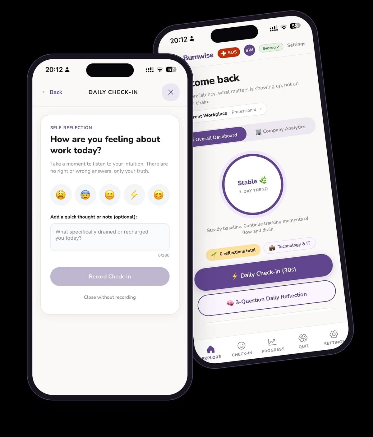 Wulse daily check-in screen in front of the weekly trend dashboard